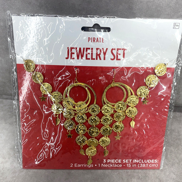 NWT Pirate Adult Costume Lot Red Blouse Mini Tricorn Hat Eye Patch Jewelry Set - Picture 6 of 12